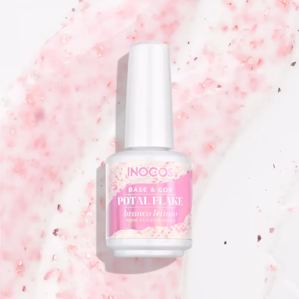 INOCOS - VERNIZ GEL BASE POTAL BRANCO LEITOSO FLOCOS ROSA 15ML